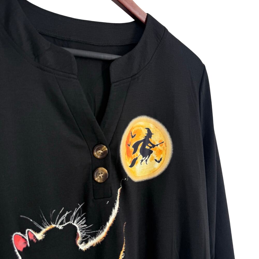 NEW NWT Womens Sz Large Halloween Witch Black Cat Holiday Blouse Shirt Top Artsy - Picture 3 of 7